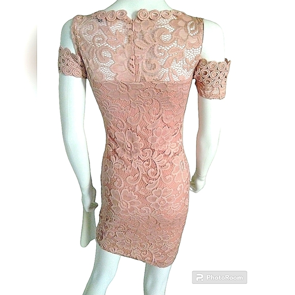 Ambiance Lace Dress cold shoulder SZ S Dusty Rose pink lined fitted - Picture 2 of 2